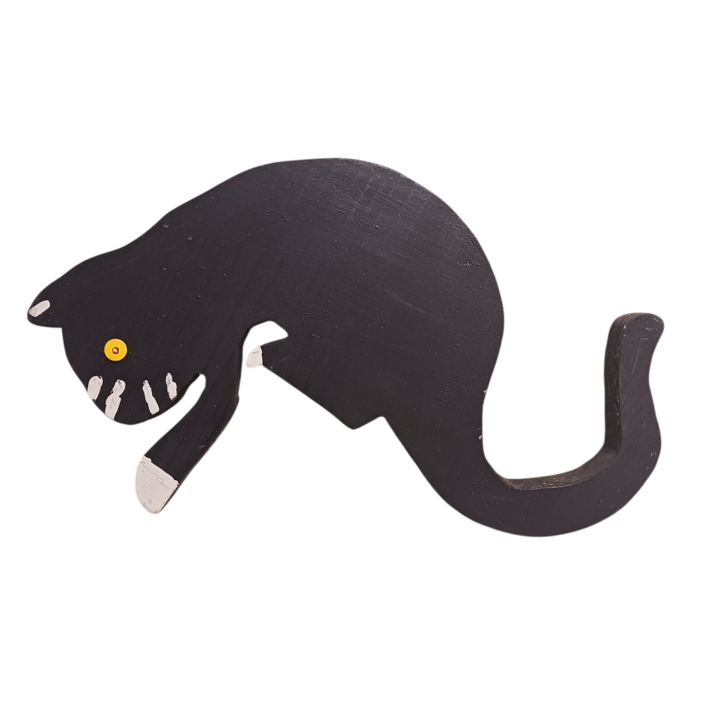 VINTAGE BLACK & WHITE STANDING WOODEN CAT DECOR 🐈‍⬛️🩶
